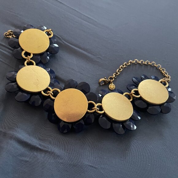 J. Crew Signed Floral Necklace Navy Blue Flowers Rhinestones Gold Tone Chain - Picture 4 of 4